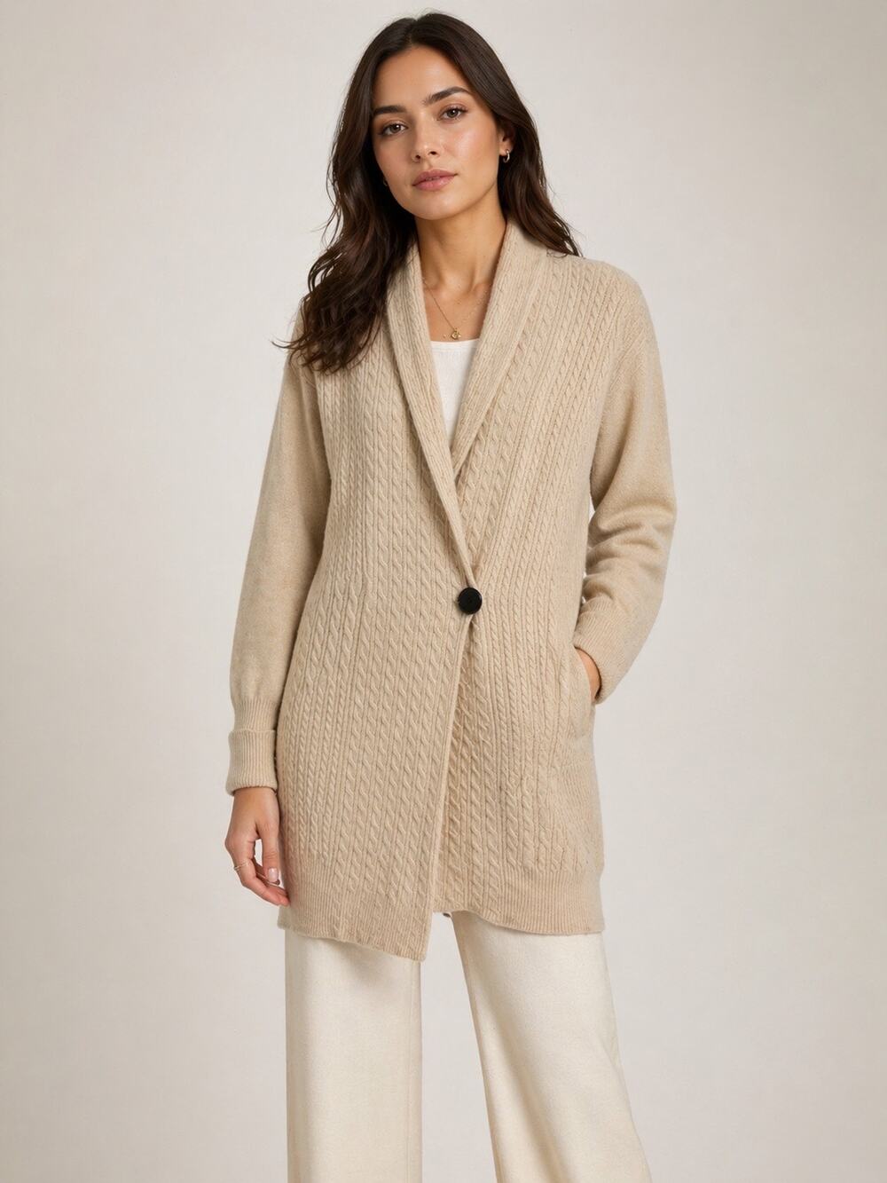 MaxMara Cable Knit Long Line Cashmere and Wool Camel Classic Luxury Cardigan XL